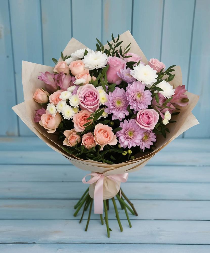 Букет цветов из: Хризантемы, Розы и Альстромерии в Карагай