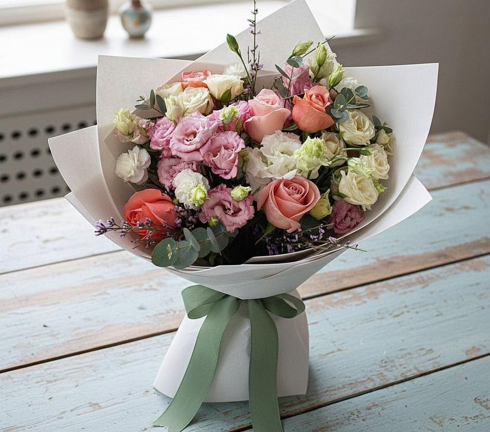 Букет цветов из: Розы, Лизиантусы и Гвоздики в Карагай