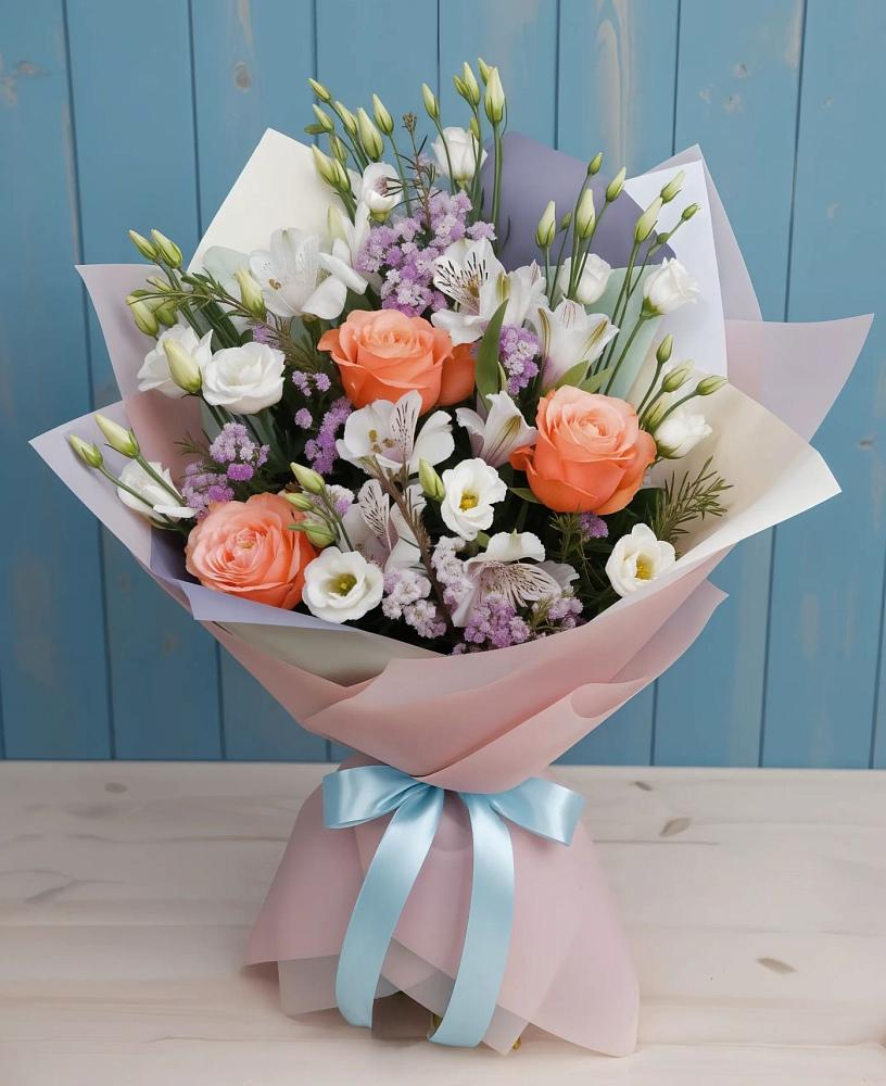 Букет цветов из: Лизиантусы, Розы, Альстромерии и Гипсофила в Карагай