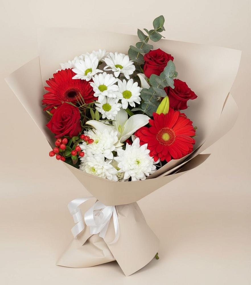 Букет цветов из: Розы, Хризантемы, Герберы и Лилии в Карагай