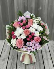 Букет цветов из:  Альстромерии, Гвоздики, Розы и Хризантемы в Карагай
