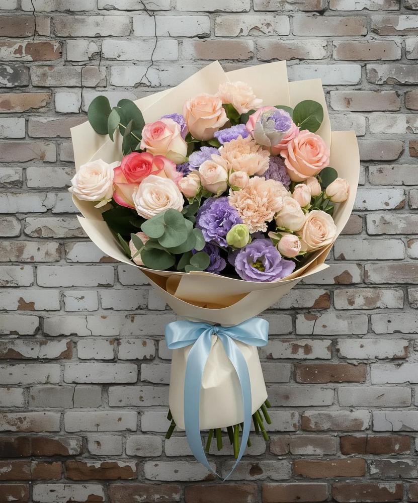 Букет цветов из: Розы, Лизиантусы и Гвоздики в Карагай