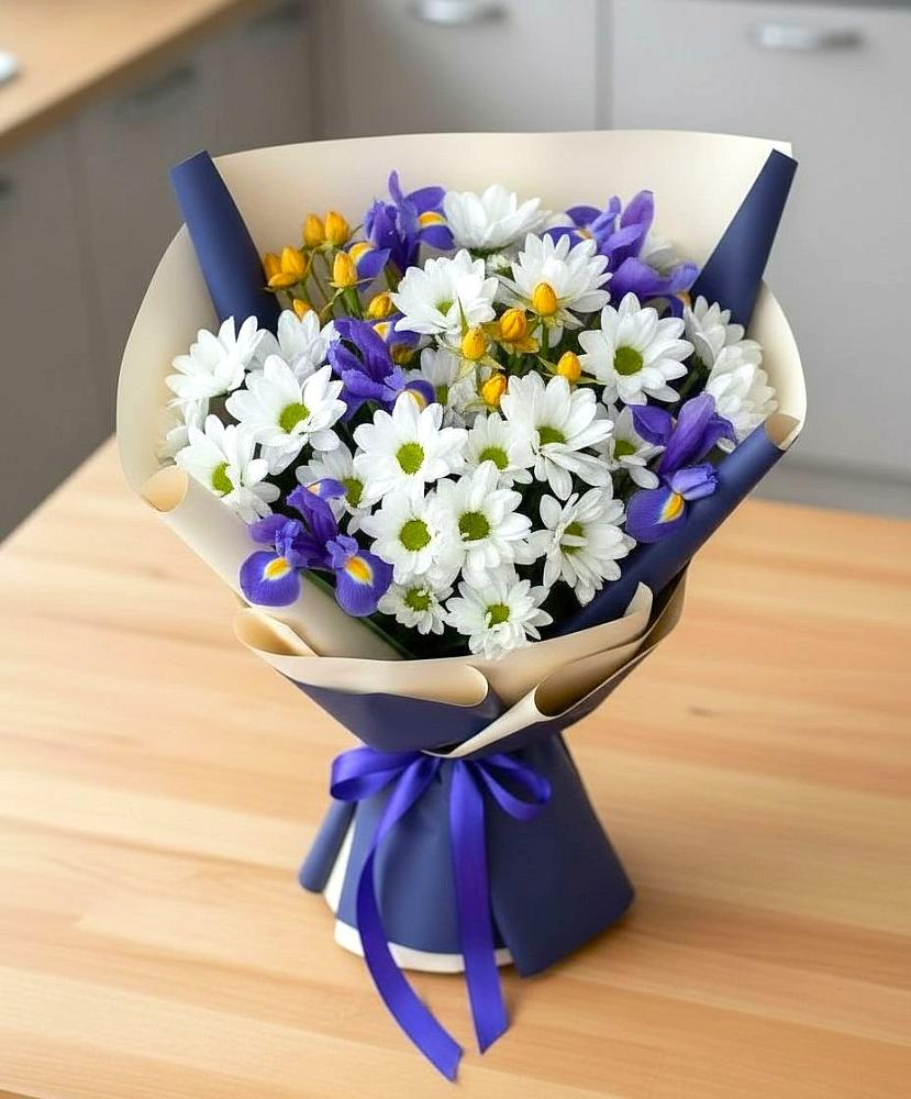 Букет цветов из: Розы, Ирисы и Хризантемы в Карагай