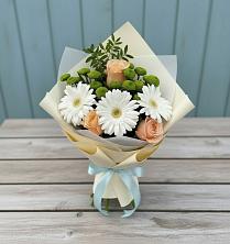 Букет цветов из:  Герберы, Розы и Хризантемы в Карагай