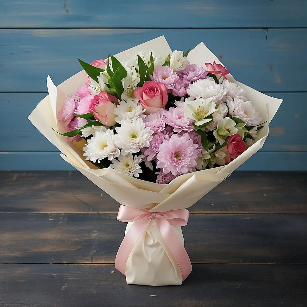 Букет цветов из: Хризантемы, Альстромерии и Розы в Карагай